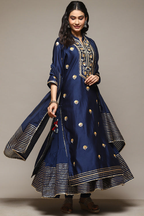 Navy Cotton Blend Layered Kurta Churidar Suit Set