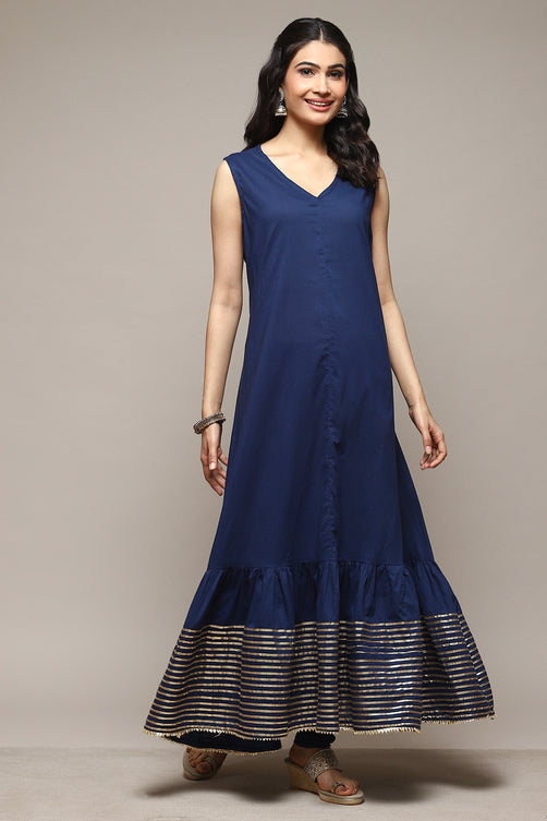 Navy Cotton Blend Layered Kurta Churidar Suit Set