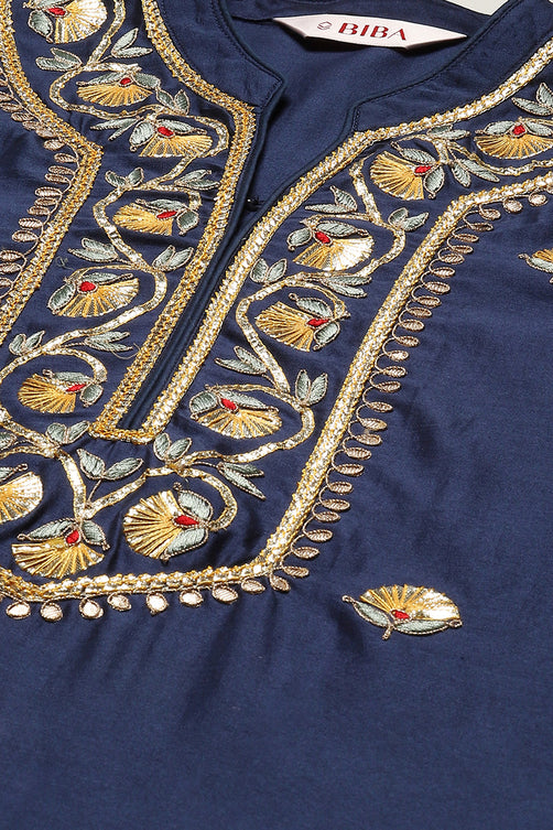 Navy Cotton Blend Layered Kurta Churidar Suit Set