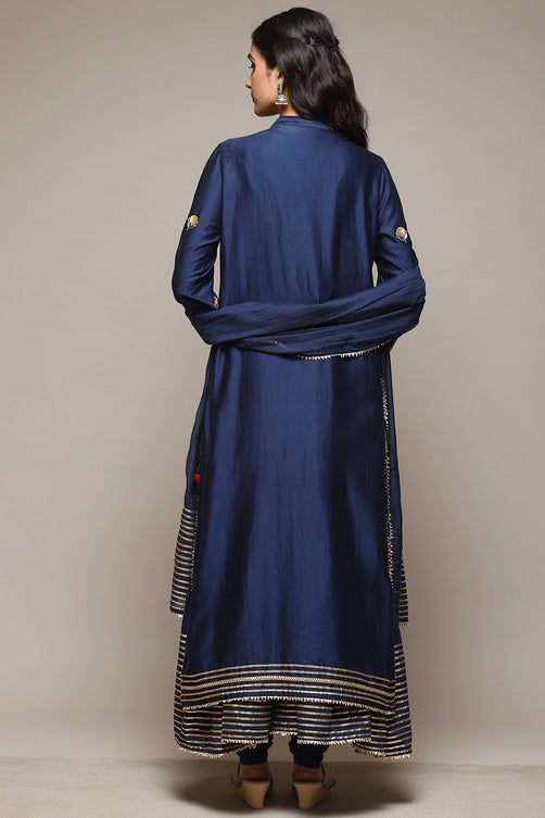 Navy Cotton Blend Layered Kurta Churidar Suit Set