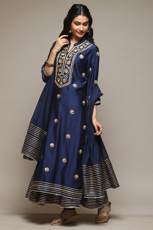 Navy Cotton Blend Layered Kurta Churidar Suit Set