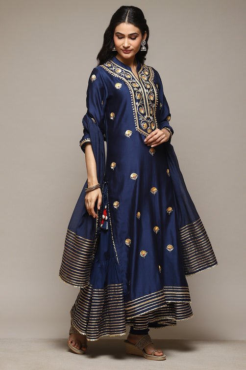 Navy Cotton Blend Layered Kurta Churidar Suit Set