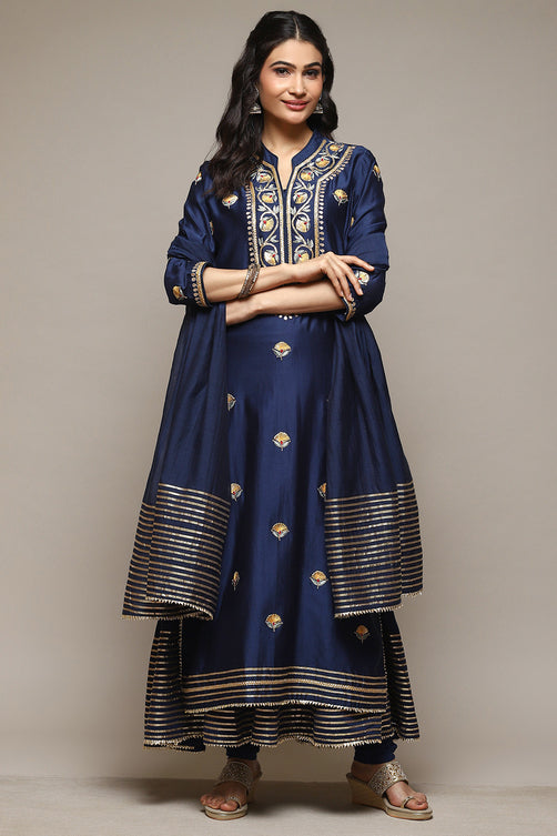 Navy Cotton Blend Layered Kurta Churidar Suit Set