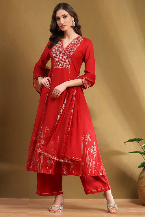 Red Cotton Embroidered Tiered Anarkali Suit Set