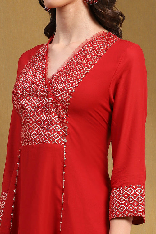 Red Cotton Embroidered Tiered Anarkali Suit Set