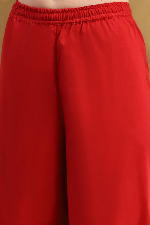 Red Cotton Embroidered Tiered Anarkali Suit Set