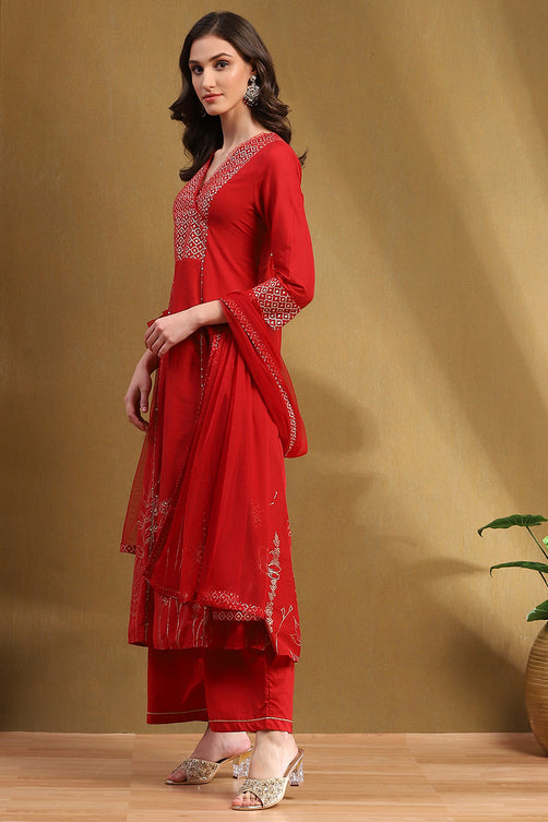 Red Cotton Embroidered Tiered Anarkali Suit Set