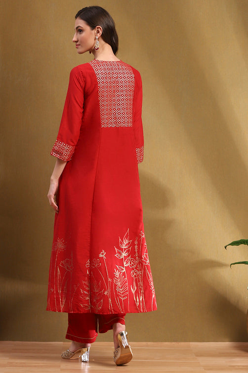 Red Cotton Embroidered Tiered Anarkali Suit Set