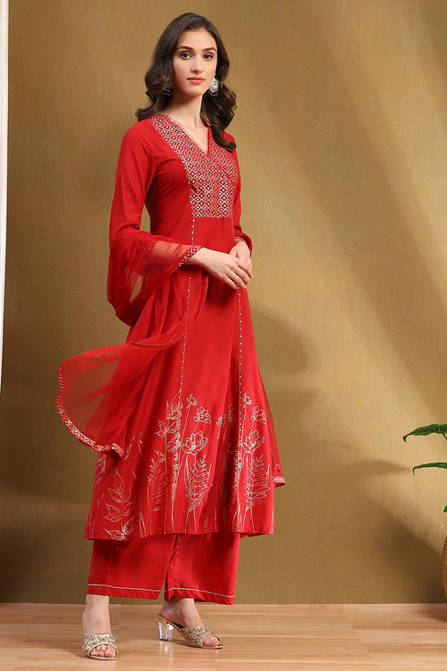 Red Cotton Embroidered Tiered Anarkali Suit Set