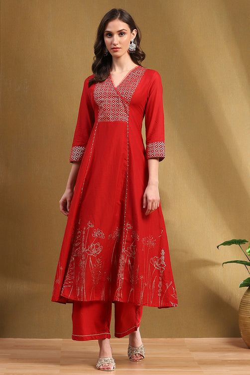 Red Cotton Embroidered Tiered Anarkali Suit Set