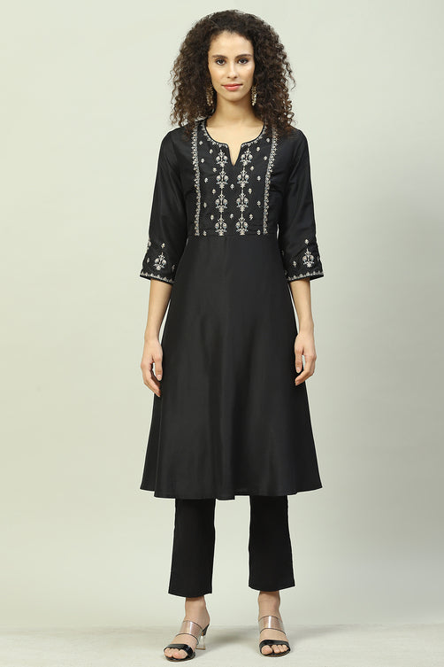 Black Art Silk Anarkali Kurta Pants Suit Set