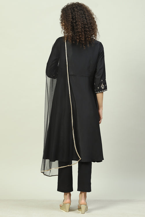 Black Art Silk Anarkali Kurta Pants Suit Set