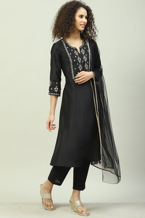 Black Art Silk Anarkali Kurta Pants Suit Set