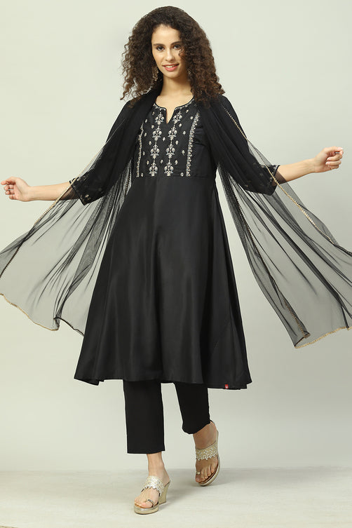 Black Art Silk Anarkali Kurta Pants Suit Set
