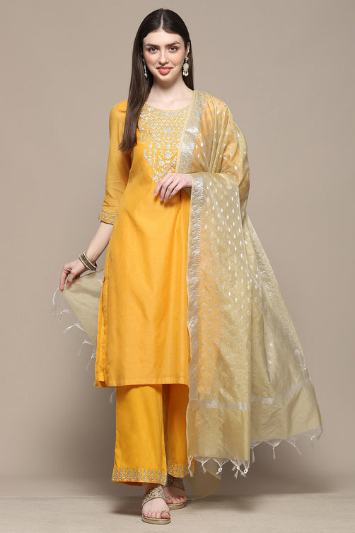 Mustard Polyester Straight Suit Set
