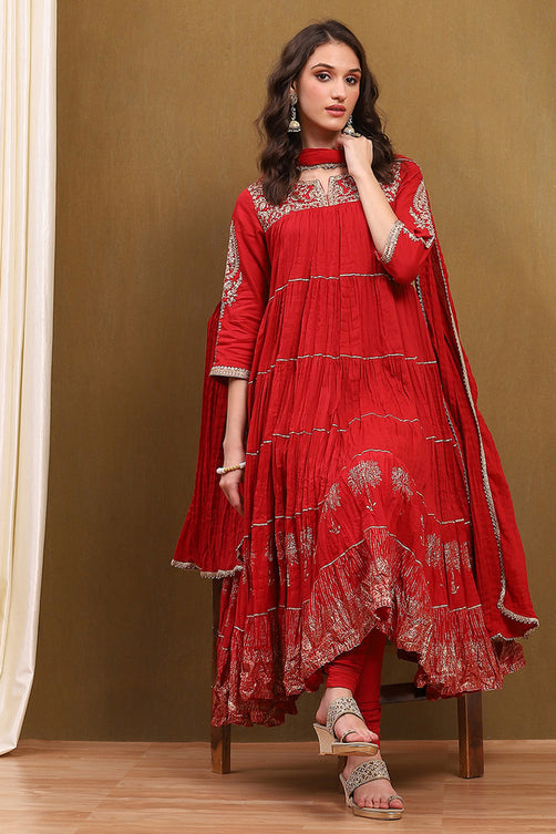 Red Velvet Embroidered Straight Kurta Set