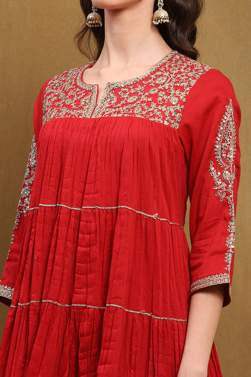 Red Velvet Embroidered Straight Kurta Set