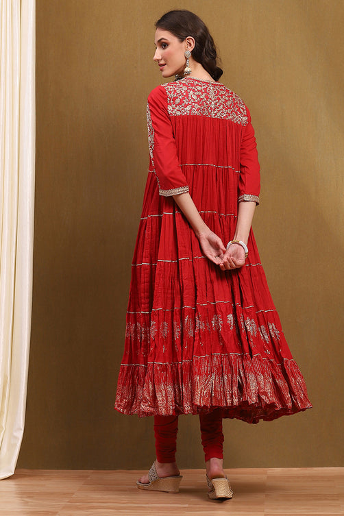 Red Velvet Embroidered Straight Kurta Set