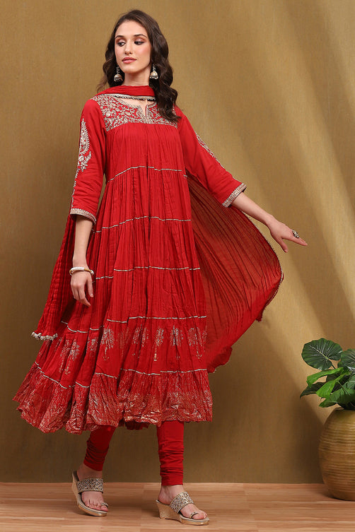Red Velvet Embroidered Straight Kurta Set