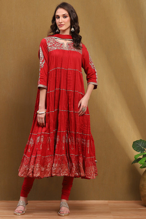 Red Velvet Embroidered Straight Kurta Set
