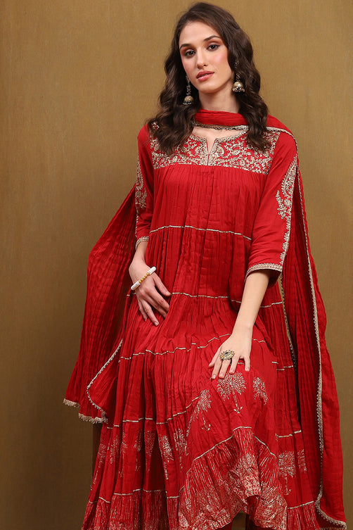 Red Velvet Embroidered Straight Kurta Set